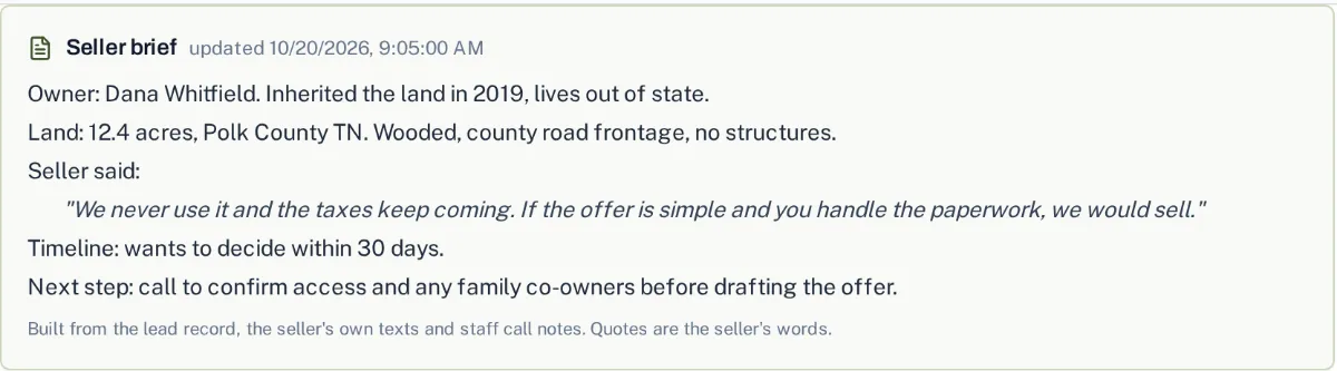 A seller brief: who owns the land, what the seller said in their own words, their timeline and the next step
